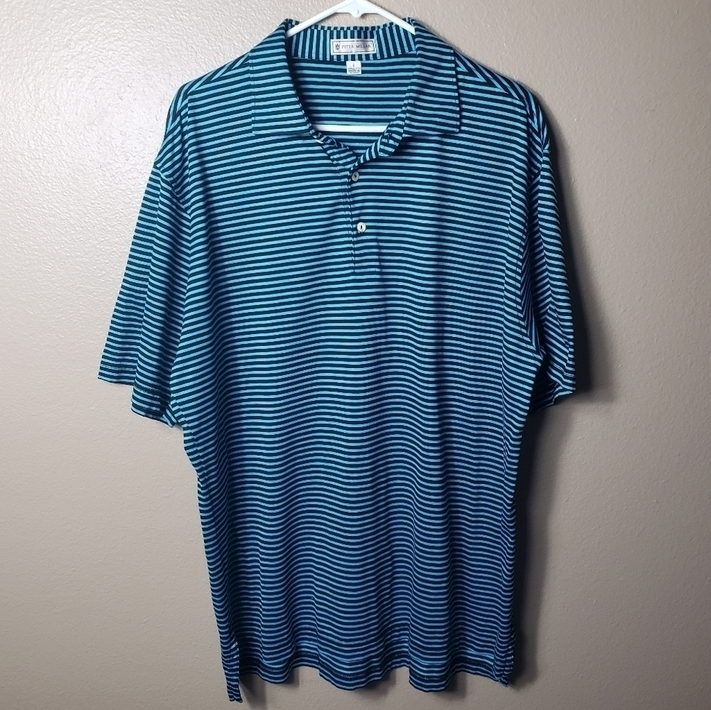Peter Millar Striped 100% Cotton Turquoise/Black Golf Polo-Size L